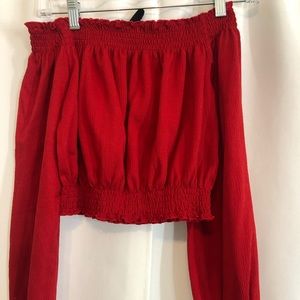 Red off the shoulder ruffled crop top!